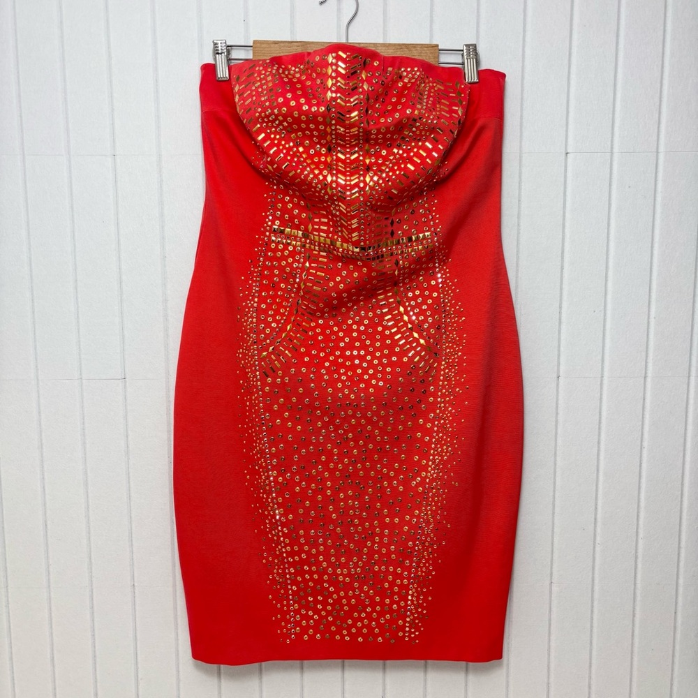 Cache‎ Vibrant Red Sexy STUDDED Thick Evening Cocktail Dress Size 14
